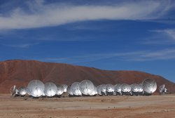 Dutzende Teleskopschüsseln in mehreren Reihen, die alle in die gleiche Richtung ausgerichtet sind. Sie stehen auf einer Ebene aus rötlichem Sand, im Hintergrund ist eine Erhebung aus rotem Gestein zu erkennen.