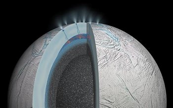 Schnitt durch den Aufbau von Enceladus: Über einem Kern liegt ein Ozean, umgeben von einer dicken Eisschicht. 