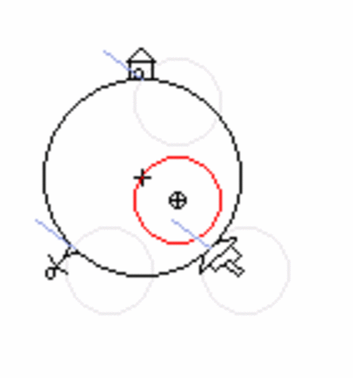Animation: Die Erde ohne Eigenrotation, gezeigt ist nur ihre Drehung um den gemeinsamen Schwerpunkt mit dem Mond. Drei Punkte auf der Oberfläche beschreiben dadurch jeweils einen kleinen Kreis, der kleiner ist als der Erdradius. Eingezeichnet ist auch die stets konstant bleibende Fliehkraft für jeden der drei Orte, die in diesem System auftritt.