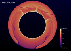 Orangefarbener Ring, der das Erdinnere darstellt, und bei dem die Tektonik durch verschiedene Strukturen dargestellt wird. Die Mitte wird als schwarzer Kreis ausgespart.
