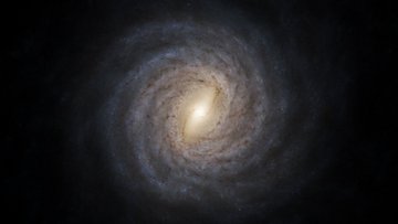 Spiralgalaxie von oben auf schwarzem Hintergrund. Heller Balken in der Mitte, von dem schwächer leuchtende Spiralarme aus gehen.