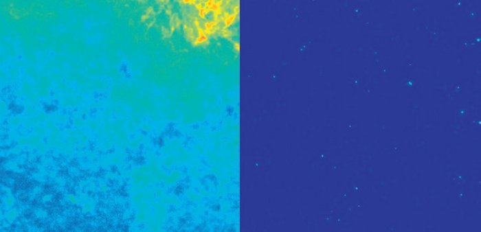 Zwei Abbildungen des selben Himmelsausschnitts. Links: Quadrat mit überwiegend hellblauem Hintergrund vor dem man links unten dunkelblaue und oben rechts gelbe bis rote Strukturen sieht. Recht: Dunkelblauer Hintergrund mit wenigen kleinen hellblauen Flecken.