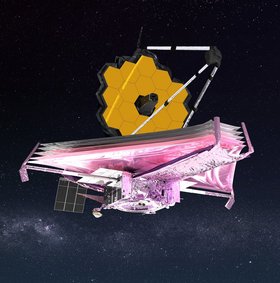 Teleskopaufbau mit mehreren goldenen Spiegeln auf mehreren folienartigem dreieckigem Aufbau. Schwebend vor einem dunklen Sternenhintergrund.
