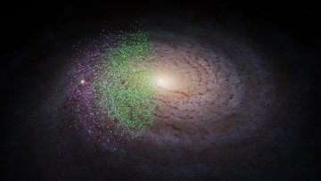 Künstlerische Darstellung der Milchstraße mit Blick von oben auf die galaktische Scheibe. Ein Teil der Sterne ist grün eingezeichnet, ein anderer violett. Letztere sind weiter links in der Galaxie. Sie überlappen sich teilweise.