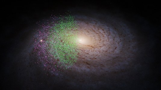 Künstlerische Darstellung der Milchstraße mit Blick von oben auf die galaktische Scheibe. Ein Teil der Sterne ist grün eingezeichnet, ein anderer violett. Letztere sind weiter links in der Galaxie. Sie überlappen sich teilweise.