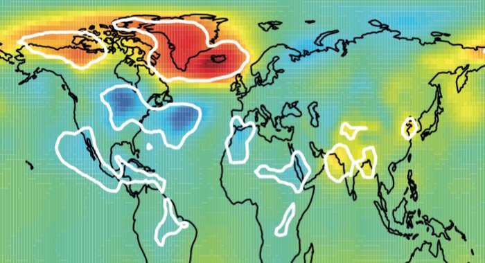 Weltkarte, auf der die Jetstream-Starkwinde und ihre Schwankungen durch unterschiedliche Farbgebung eingezeichnet sind