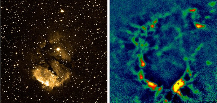Zwei Bilder einer interstellaren Wolke, in der Sternentstehung stattfindet. Die linke Aufnahme im optischen Bereich zeigt eine Wolke inmitten zahlreicher Sterne. Die rechte Aufnahme im Submillimeter-Bereich zeigt direkt außerhalb dieser Wolke eine ringförmige Ansammlung von dichten Gasklumpen. Dieses Gas ist auf dem optischen Bild nicht zu erkennen.