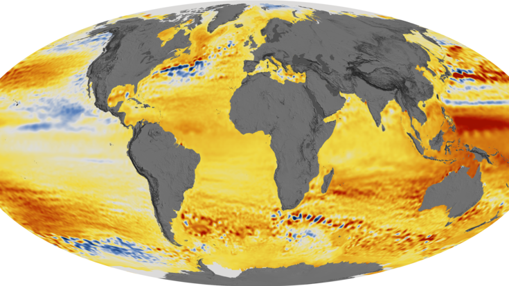 Die Grafik zeigt mit unterschiedlichen Farbtönen, wie sich der Meeresspiegel regional veänderte. 