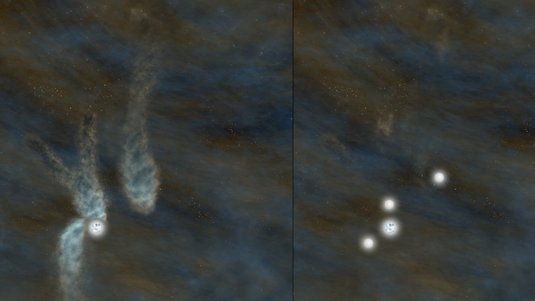 Links ein helles Objekt und lang gestreckte Strukturen, rechts vier Sterne.