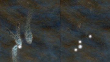 Links ein helles Objekt und lang gestreckte Strukturen, rechts vier Sterne.