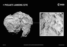 Links ein Übersichtsbild des Kometen, rechts eine Detailaufnahme des Landesplatzes. Er befindet sich an der Außenseite der kleineren der beiden „Hanteln“ des Kometen.