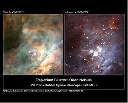 Zwei Bilder desselben Himmelsgebietes: Links wenige Sterne vor hellen, diffusen Gasmassen; rechts viele Sterne vor nur schwach leuchtenden Gasmassen.