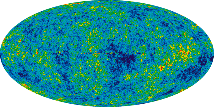 Farblich „gesprenkeltes“ Abbild des Universums. Die verschiedenen Farben entsprechen jeweils unterschiedlichen Temperaturen der kosmischen Hintergrundstrahlung.
