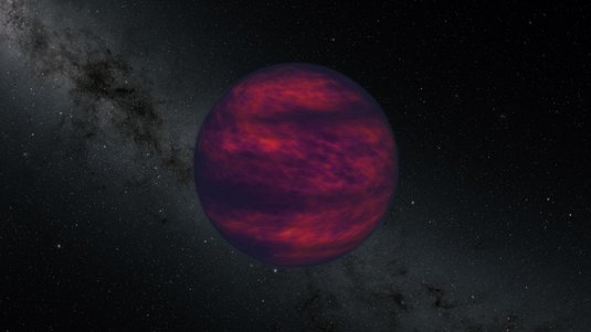 Dunkler, weiß gesprenkelter Hintergrund, der den Weltraum darstellen soll; im Vordergrund ist der Braune Zwerg als schwach orange-lila leuchtende Kugel