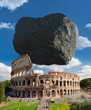 Das Kolosseum in Rom und darüber der Asteroid Dimorphos, der etwa den gleichen Durchmesser hat.