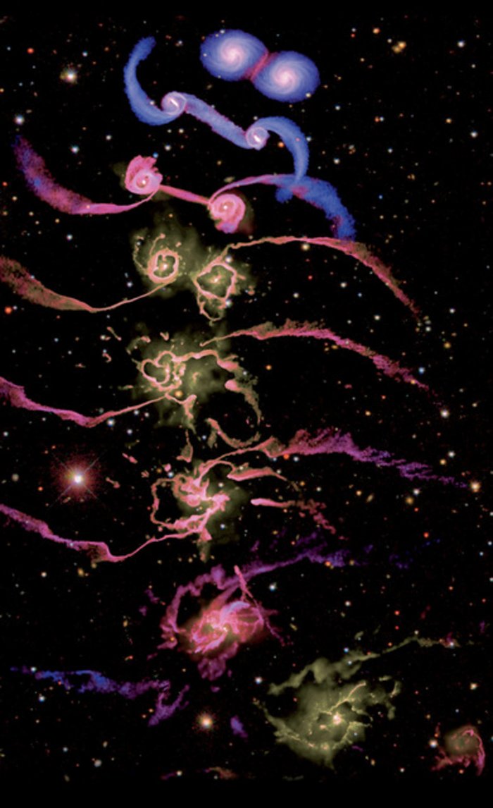 Simulation: Mehrere Stadien einer Galaxienkollision. Oben zwei getrennte Galaxien, die nach und nach verschmelzen.