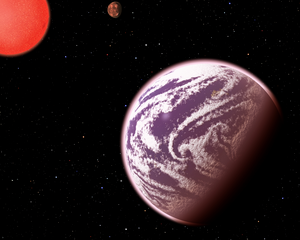 Links oben ein roter Stern, im Vordergrund ein erdähnlicher Planet mit Ozeanen und Wolken, im Hintergrund eine weiterer Planet.