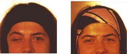 Zwei Fotos der oberen Gesichtshälfte einer Frau mit Kopfband: links linkes Auge (vom Betrachter aus) halb geschlossen und abwärts blickend, Braue leicht erhöht; rechts mit beiden Augen in die Kamera blickend.