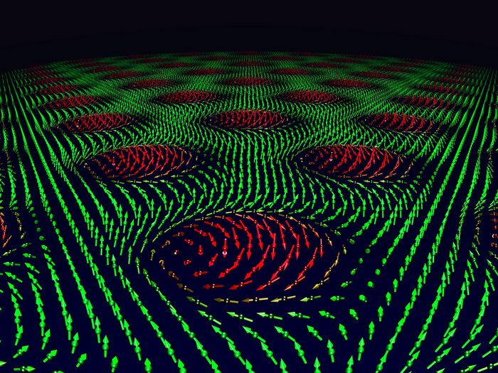Grüne und rote Pfeile zeigen in unterschiedliche Richtungen und visualisieren so die magnetischen Wirbel, die Skyrmionen.