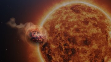 Ein rötlicher Planet mit leicht transparenter Hülle vor einem feurigen Stern