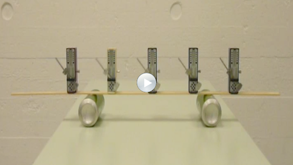 Fünf Metronome stehen auf einem leichten Brett, das wiederum auf zwei leeren Dosen liegt