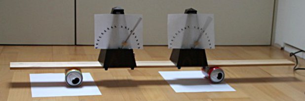 Synchronisierende Metronome, Foto: Valerie-Sophie Pittmann Zwei Metronome stehen auf einem schmalen Holzbrett nebeneinander. Das Holzbrett ruht auf leeren Getränkedosen. An den Metronomen sind hinter dem Zeiger jeweils große Messskalen angebracht.