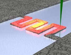 Die Temperatur von einem Nanodraht wird mit einem Elektronenstrahl gemessen. In der Mitte ist der Nanodraht am heizesten, was in gelb dargestellt wird. Die angrenzenden Flächen sind rot.
