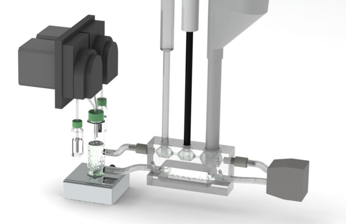 Chemischer Reaktor im Miniaturformat Schematisch dargestellte Versuchsanordnung: links verschiedene Glasröhrchen mit Flüssigkeit darin, in das mehrere Röhrchen von oben hineinlaufen und nach rechts hinauslaufen in Röhren, die nach oben reichen
