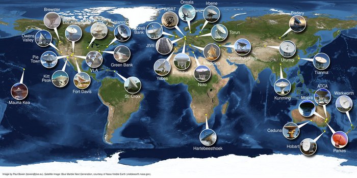 Weltkarte, auf der die Standorte von Radioteleskopen verzeichnet sind