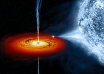 Künstlerische Darstellung eines Schwarzen Lochs, aus dem ein Strahl senkrecht zur Oberfläche austritt. Daneben ein Stern, dessen Masse vom Schwarzen Loch angezogen wird, daraus entsteht ebenfalls Strahlung. 