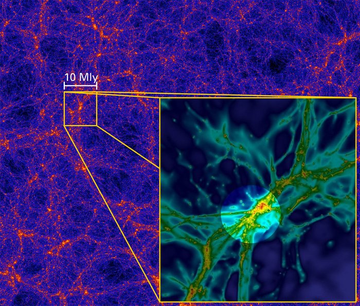 Kosmisches Netz Netz aus lang gestreckten Strukturen mit Verdickungen an Knotenpunkten. Teilbereich hervorgehoben und vergrößert, darin ein kreisförmiger Ausschnitt hervorgehoben.