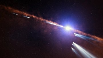 Heller Stern, umgeben von einer leuchtenden Scheibe, sowie mehrere Kometen