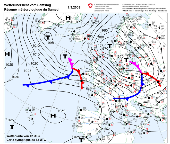 Eine Wetterkarte Auf dieser Europakarte sind zahlreiche Hochs, Tiefs und Wetterfronten zu erkennen. Westlich von Spanien hängt ein Hoch über dem Meer. Über Skandinavien geht von einem Tief eine Okklusionsfront aus, die sich über Polen in eine Kalt- und Warmfront spalt
