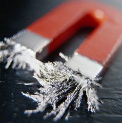 Hufeisenmagnet in rot und silber, an dessen beiden Enden feine Eisenspäne hängen.