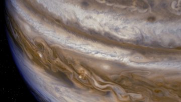 Künstlerische Darstellung der JUICE-Sonde vor dem Planeten Jupiter