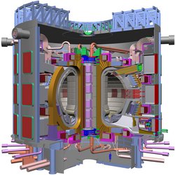 Die Grafik zeigt den Aufriss der Fusions-Testanlage ITER. In einem zylindrischen Gehäuse mit vielen Rohren nach außen und Leitungen sowie Rohren innen befindet sich zentral eine aufgeschnittene torusförmige Kammer. Sie hat in etwa den Querschnitt des Buchstaben D und ihre Innenwand ist gekachelt.