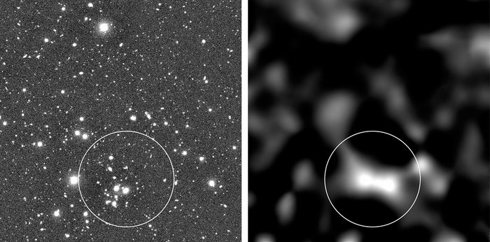 Das VLT auf der Suche nach Dunkler Materie Zwei Schwarz-Weiß-Bilder; links eine Himmelsaufnahme mit vielen Objekten; eine Gruppe von Objekten mit einem Kreis markiert; rechts auf schwarzem Grund ein paar graue oder weiße Flecken; die hellste Region ebenfalls eingekreist.