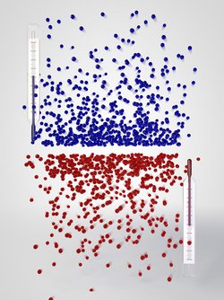 Zwei Systeme von Kugeln, bei den blauen Kugeln halten sich die meisten unten in einem niedrigen Energiebereich auf und wenige in einem hohen. Das System mit den roten Kugeln ist genau gespiegelt dargestellt, hier liegen viele Kugeln oben in einem hihen Energiebereich und nur wenige unten.