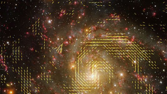 Vor dem Hintergrund einer Spiralgalaxie zeigen kurze gelbe Striche die Ausrichtung des kosmischen Magnetfeldes an. Dabei folgen die gelben Striche grob der Form der Spiralgalaxie.