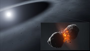 Im Hintergrund befindet sich ein Stern, der von einem Ring aus Staub umgeben ist; ein zweites Bild greift Geschehnisse in der Umgebung des Sterns heraus: Zwei Gesteinsbrocken kollidieren miteinander.