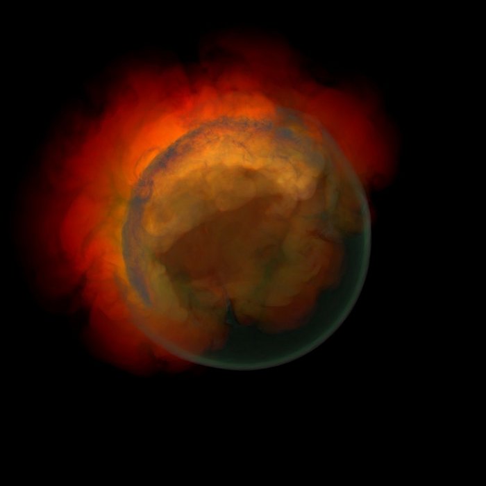 Asymmetrischer Ausbruch in der Simulation Das Bild zeigt einen grünlichen, kugelförmigen Körper, im oberen linken Teil ist ein Ausbruch mit roten und gelben Wolken zu sehen.