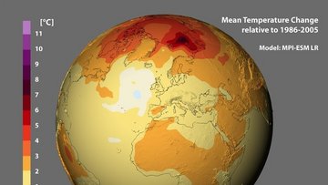 Die dreidimensionale Erde in gelb bis rot zur Darstellung der Temperaturen in Grad Celsius.
