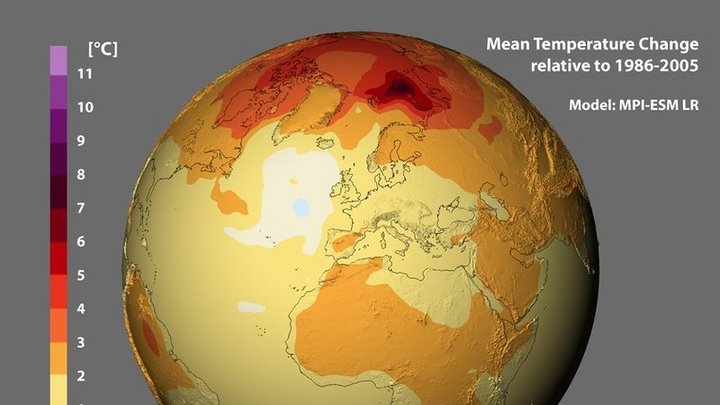 Die dreidimensionale Erde in gelb bis rot zur Darstellung der Temperaturen in Grad Celsius.