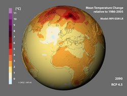 Die dreidimensionale Erde simuliert mit der Änderung der Durchschnittstemperaturen in farbig dargestellt.