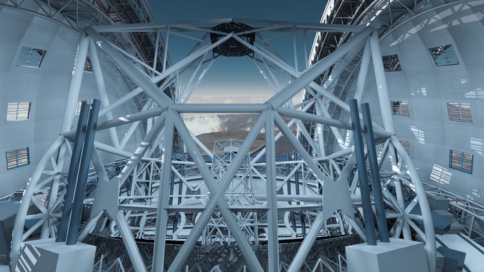 Sekundärspiegel des Extremely Large Telescope Auf der Illustration ist der Blick aus dem ELT in den Nachthimmel dargestellt. Neben dem Sekundärspiegel sind viele Streben zu erkennen.