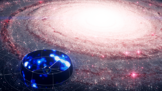 Ringförmige, dreidimensional dargestellte Temperaturkarte in Blautönen, in deren Mittelpunkt die Erde ist. Im Hintergrund eine zur Mitte hin heller leuchtende Galaxie.