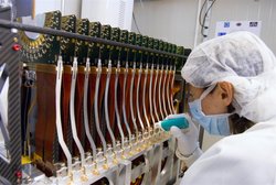 Foto einer Technikerin in Reinraumkleidung, die an einer Reihe von gleichartigen elektronischen Modulen eines Nachweisgeräts arbeitet.