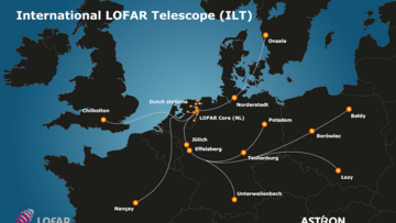 Ausschnitt einer Landkarte von Nordeuropa. Land in Schwarz, Meer in Blau. Stationen sind durch gelb-orangene Punkte gekennzeichnet, die durch eine feine weiße Linie verbunden sind