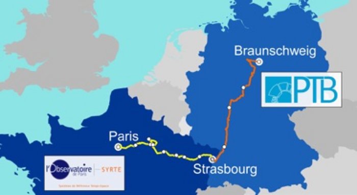 Verbundene Atomuhren Geographische Karte, auf der Paris über Straßburg mit Braunschweig verbunden ist