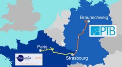 Geographische Karte, auf der Paris über Straßburg mit Braunschweig verbunden ist